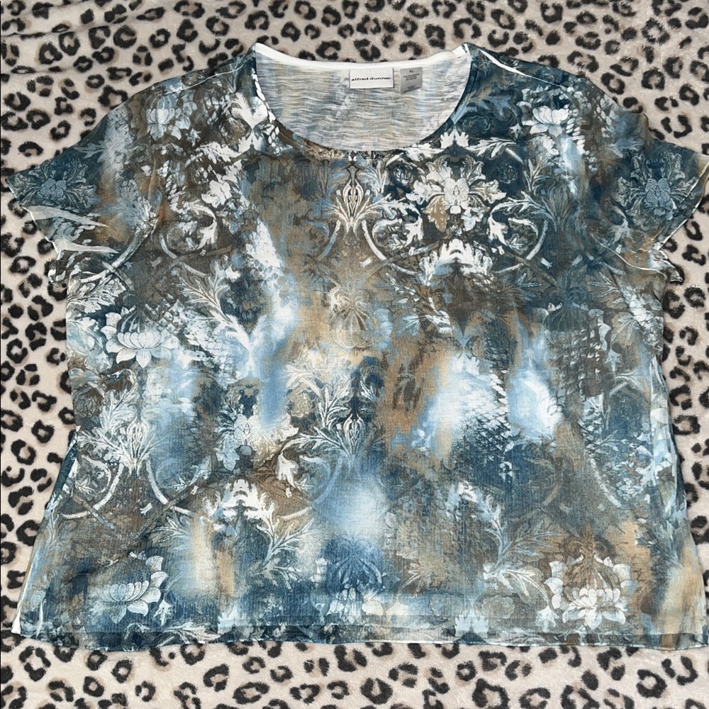 Alfred Dunner Blue and Brown Floral Short Sleeve Blouse